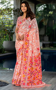 Tantuja Inspired Traditional Woven Floral Nakshi Soft Jamdani Saree in Peach, Off White, Dark Red and Multicolored