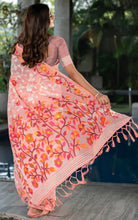 Tantuja Inspired Traditional Woven Floral Nakshi Soft Jamdani Saree in Peach, Off White, Dark Red and Multicolored