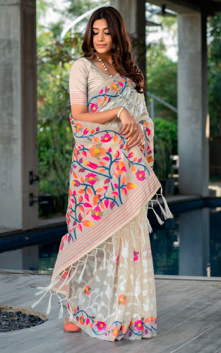 Tantuja Inspired Traditional Woven Floral Nakshi Soft Jamdani Saree in Parmesan, Off White and Multicolored