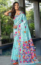 Tantuja Inspired Traditional Woven Floral Nakshi Soft Jamdani Saree in Sky Blue, Off White, Hot Pink and Multicolored