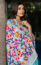 Tantuja Inspired Traditional Woven Floral Nakshi Soft Jamdani Saree in Sky Blue, Off White, Hot Pink and Multicolored