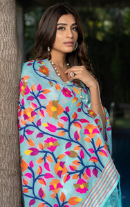 Tantuja Inspired Traditional Woven Floral Nakshi Soft Jamdani Saree in Sky Blue, Off White, Hot Pink and Multicolored