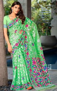 Tantuja Inspired Traditional Woven Floral Nakshi Soft Jamdani Saree in Paste Green, Off White and Multicolored