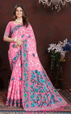 Tantuja Inspired Traditional Woven Floral Nakshi Soft Jamdani Saree in Pink, Off White, Blue and Multicolored