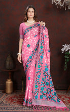 Tantuja Inspired Traditional Woven Floral Nakshi Soft Jamdani Saree in Pink, Off White, Blue and Multicolored