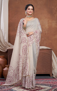 Floral Sketch Nakshi Woven Work Soft Jamdani Saree in Light Taupe and Wine