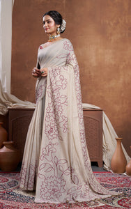 Floral Sketch Nakshi Woven Work Soft Jamdani Saree in Light Taupe and Wine