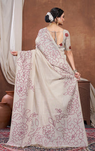 Floral Sketch Nakshi Woven Work Soft Jamdani Saree in Light Taupe and Wine