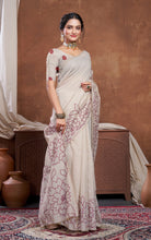 Floral Sketch Nakshi Woven Work Soft Jamdani Saree in Light Taupe and Wine