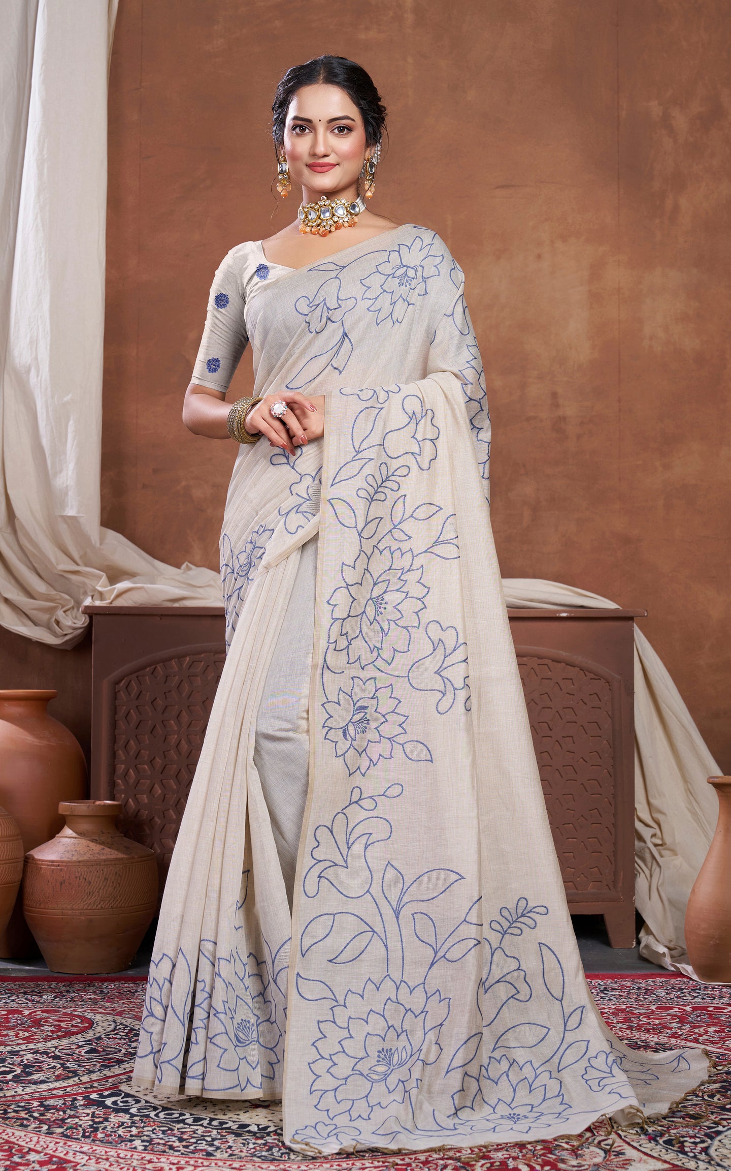 Floral Sketch Nakshi Woven Work Soft Jamdani Saree in Light Taupe and Navy Blue