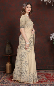 Floral Sketch Nakshi Woven Work Soft Jamdani Saree in Light Taupe and Black