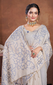 Floral Sketch Nakshi Woven Work Soft Jamdani Saree in Light Taupe and Navy Blue