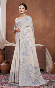 Floral Sketch Nakshi Woven Work Soft Jamdani Saree in Light Taupe and Navy Blue