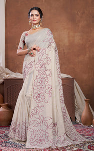 Floral Sketch Nakshi Woven Work Soft Jamdani Saree in Light Taupe and Wine