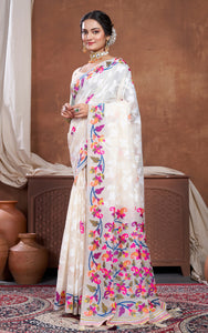 Tantuja Inspired Traditional Woven Floral Nakshi Soft Jamdani Saree in Cream, Off White  and Multicolored