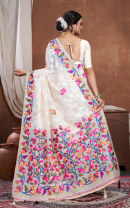 Tantuja Inspired Traditional Woven Floral Nakshi Soft Jamdani Saree in Cream, Off White  and Multicolored