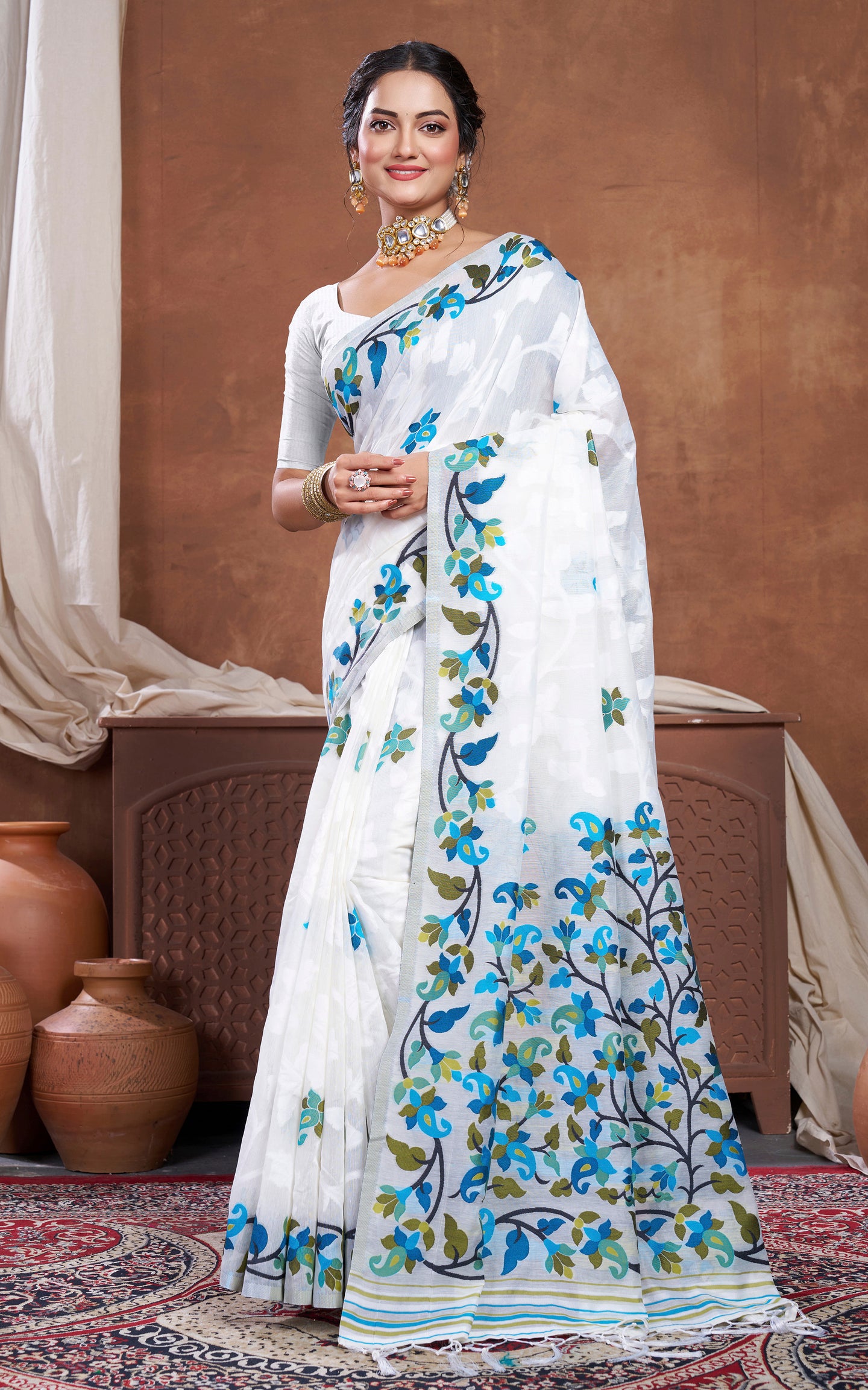 Tantuja Inspired Traditional Woven Floral Nakshi Soft Jamdani Saree in White, Blue, Green and Multicolored