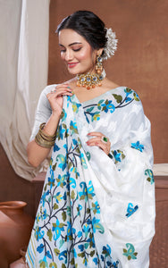 Tantuja Inspired Traditional Woven Floral Nakshi Soft Jamdani Saree in White, Blue, Green and Multicolored