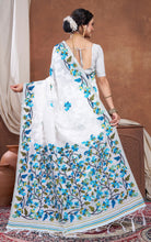 Tantuja Inspired Traditional Woven Floral Nakshi Soft Jamdani Saree in White, Blue, Green and Multicolored