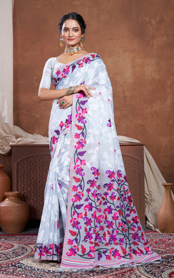 Tantuja Inspired Traditional Woven Floral Nakshi Soft Jamdani Saree in Light Gray, Off White  and Multicolored