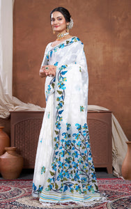 Tantuja Inspired Traditional Woven Floral Nakshi Soft Jamdani Saree in White, Blue, Green and Multicolored