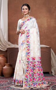 Tantuja Inspired Traditional Woven Floral Nakshi Soft Jamdani Saree in Cream, Off White  and Multicolored