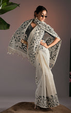 Soft Cotton Woven Jamdani Nakshi Thread Work Saree – Off White and Charcoal Grey