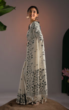 Soft Cotton Woven Jamdani Nakshi Thread Work Saree – Off White and Charcoal Grey