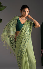 Soft Cotton Woven Jamdani Nakshi Thread Work Saree – Pistachio and Bottle Green
