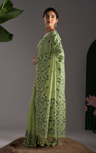 Soft Cotton Woven Jamdani Nakshi Thread Work Saree – Pistachio and Bottle Green