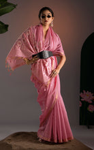 Soft Cotton Woven Floral Pallu Jamdani Saree Thread Nakshi Work in Pastel Pink, Off White with Antique Gold