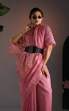 Soft Cotton Woven Floral Pallu Jamdani Saree Thread Nakshi Work in Pastel Pink, Off White with Antique Gold