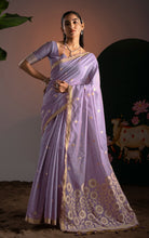 Soft Cotton Woven Floral Pallu Jamdani Saree Thread Nakshi Work in Lavender, Off White with Antique Gold