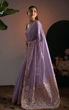Soft Cotton Woven Floral Pallu Jamdani Saree Thread Nakshi Work in Lavender, Off White with Antique Gold