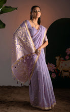 Soft Cotton Woven Floral Pallu Jamdani Saree Thread Nakshi Work in Lavender, Off White with Antique Gold