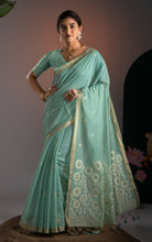 Soft Cotton Woven Floral Pallu Jamdani Saree Thread Nakshi Work in Sea Green, Off White with Antique Gold