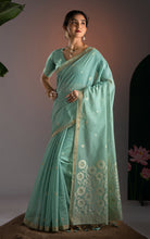 Soft Cotton Woven Floral Pallu Jamdani Saree Thread Nakshi Work in Sea Green, Off White with Antique Gold