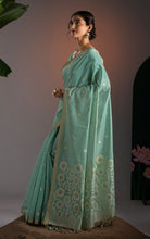 Soft Cotton Woven Floral Pallu Jamdani Saree Thread Nakshi Work in Sea Green, Off White with Antique Gold