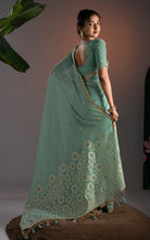 Soft Cotton Woven Floral Pallu Jamdani Saree Thread Nakshi Work in Sea Green, Off White with Antique Gold