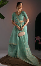Soft Cotton Woven Floral Pallu Jamdani Saree Thread Nakshi Work in Sea Green, Off White with Antique Gold