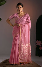 Soft Cotton Woven Floral Pallu Jamdani Saree Thread Nakshi Work in Pastel Pink, Off White with Antique Gold