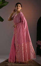 Soft Cotton Woven Floral Pallu Jamdani Saree Thread Nakshi Work in Pastel Pink, Off White with Antique Gold