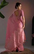 Soft Cotton Woven Floral Pallu Jamdani Saree Thread Nakshi Work in Pastel Pink, Off White with Antique Gold