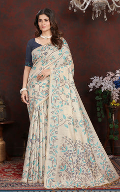 Tantuja Inspired Traditional Floral Nakshi Jaal Work Soft Jamdani Saree in Beige, Sea Green and Brown