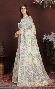 Tantuja Inspired Traditional Floral Nakshi Jaal Work Soft Jamdani Saree in Beige, Sea Green and Brown