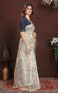 Tantuja Inspired Traditional Floral Nakshi Jaal Work Soft Jamdani Saree in Beige, Sea Green and Brown