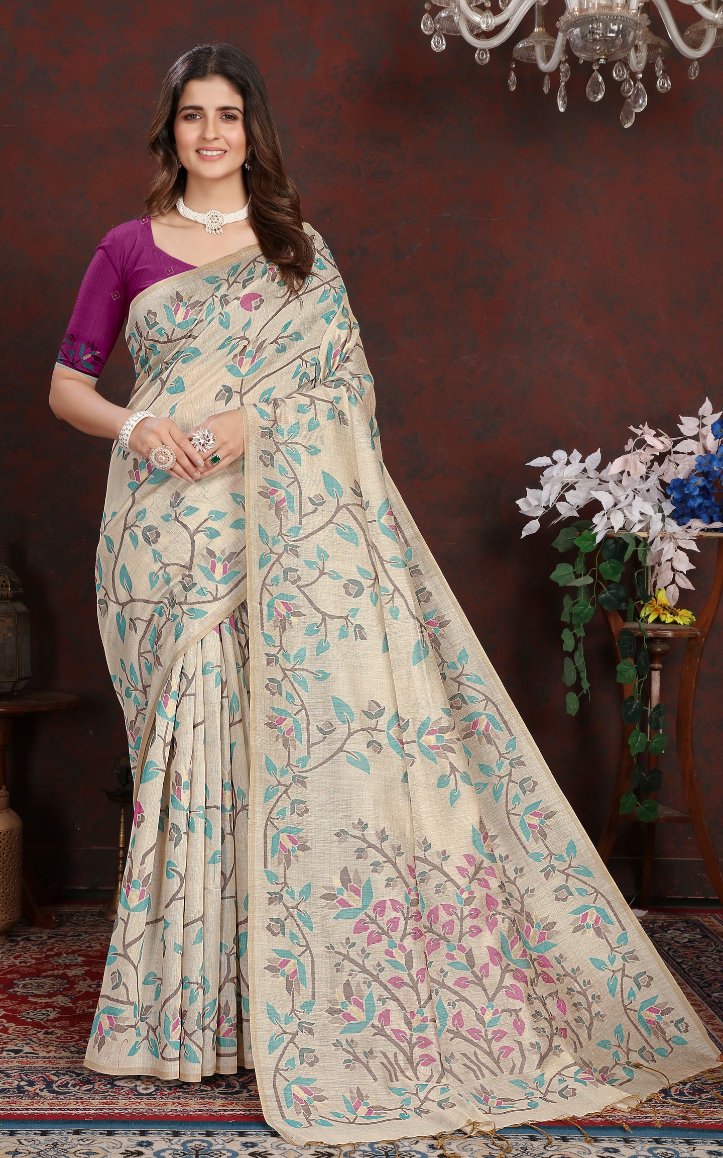 Tantuja Inspired Traditional Floral Nakshi Jaal Work Soft Jamdani Saree in Beige, Indigo, Black and Multicolored