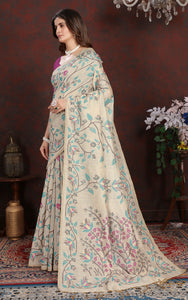 Tantuja Inspired Traditional Floral Nakshi Jaal Work Soft Jamdani Saree in Beige, Indigo, Black and Multicolored