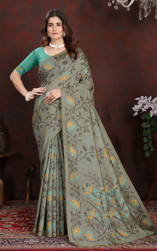 Tantuja Inspired Traditional Floral Nakshi Jaal Work Soft Jamdani Saree in Greige, Black and Multicolored