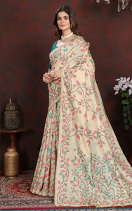 Tantuja Inspired Traditional Floral Nakshi Jaal Work Soft Jamdani Saree in Beige, Hot Pink and Multicolored